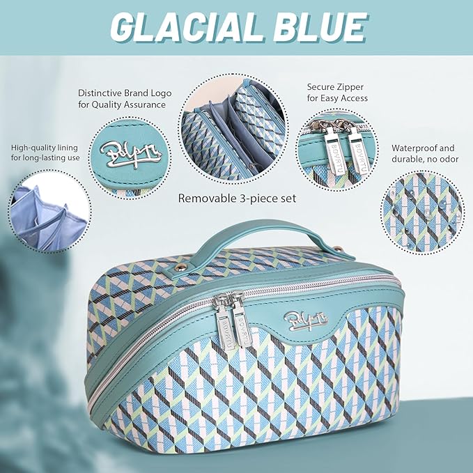 BOYATU Travel Makeup Bags for Women: Large Capacity Cosmetic Bag Set of 3 - Vegan Leather Make up Bags with Compartments - Wide Open Waterproof Toiletry Organizer Bag with Handle (E-02-Blue)