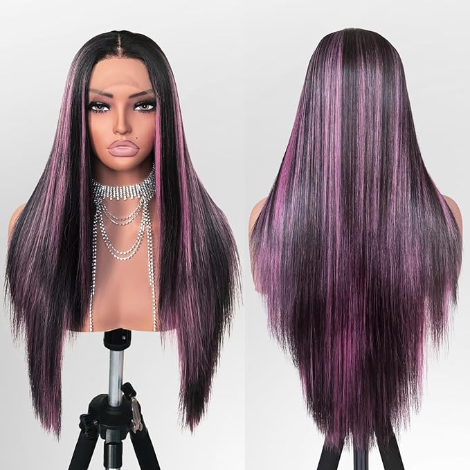 Black and Pink Highlight Wig Lace Front Wigs Pre Plucked with Baby Hair Glueless Wig 26 Inch Long Straight Wigs for Women Pink Color Forehead Synthetic 13×4×1 Lace Front Wig