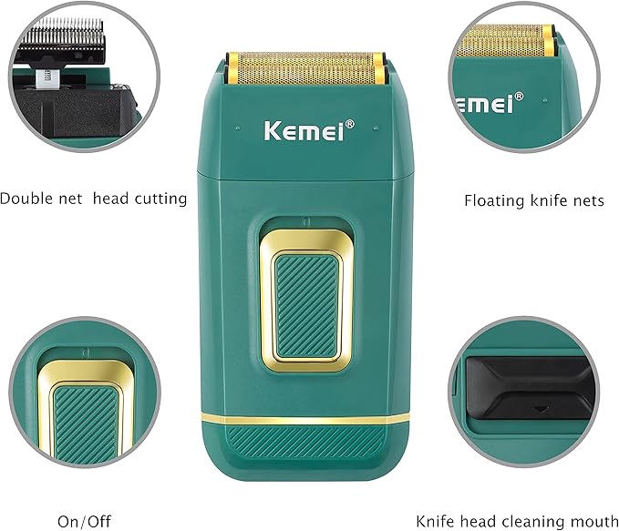 KEMEI Foil Shaver Double Electric Shaver for Men Electric Razors Head Shaver for Bald Men Barber Supplies Hair & Beard Trimmer Cordless Rechargeable, Green