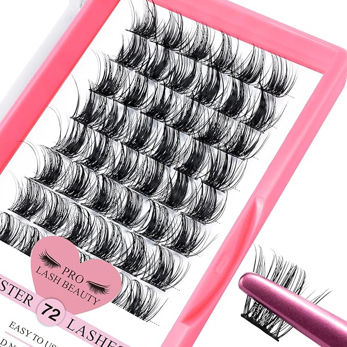 PRO LASHBEAUTY Cluster Lashes, 72 Pcs Individual Lashes, DIY Eyelash Extension, Super Thin Band, Reusable, Soft & Comfortable, Peachy-16mm