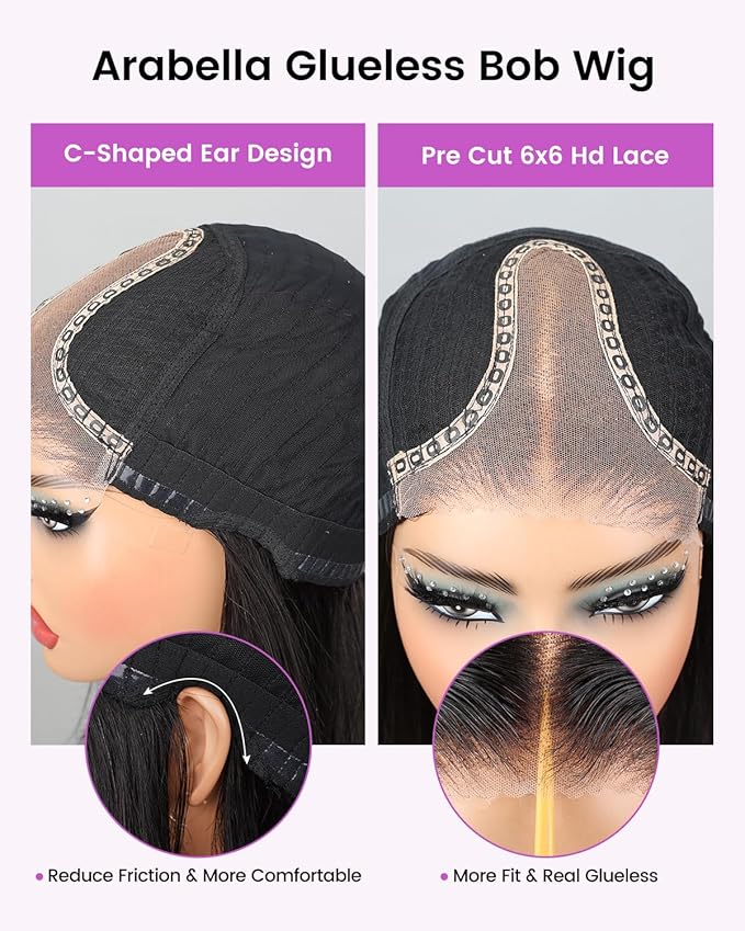 Arabella Hair 12inch 6x6 Ready to Go Glueless Wig Human Hair 1B/30 Highlight Bob Wig Real 210% Density 12a Straight Bob Wigs Human Hair Pre Cut Lace Pre Bleached Tiny Knots