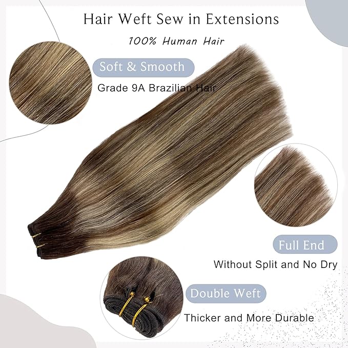 Sew in Hair Extensions Real Human Hair, 20 Inch Weft Hair Extensions Human Hair 100G Ombre Brown Balayage Caramel Blonde Hand-Tied Weft Hair Extensions Weave Bundles Human Hair Extensions for Women