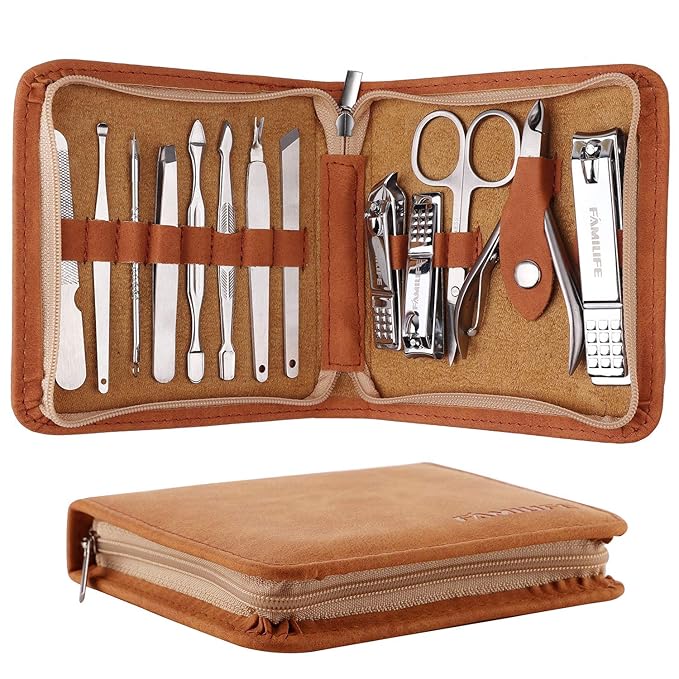 FAMILIFE Manicure Set, Pedicure Kit Nail Clipper Set 13pcs Professional Men Grooming Kit and Men and Women 12 Pieces Grooming Kit with Luxurious Leather Travel Case