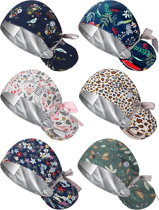 6 Pcs Satin Lined Scrub Caps Women Nurse Surgical Hat with Buttons Ponytail Working Adjustable Pouch Tie Back