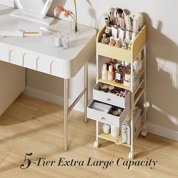Makeup Organizer Cart with 2 Drawers, Rolling Bathroom Organizers and Storage- Versatile Skincare Perfume Storage Vanity Organizer, Natural Wood and White Iron