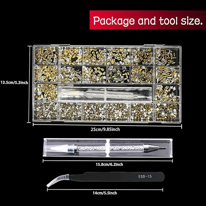 4180 Pcs Crystal Flatback Rhinestones Gems Nail Kit for Nail Art,Crafts,Clothes Shoes Decorations Jewelry (700 Diamonds + 3480 Flat Rhinestones, with Rhinestones Pen), Gold