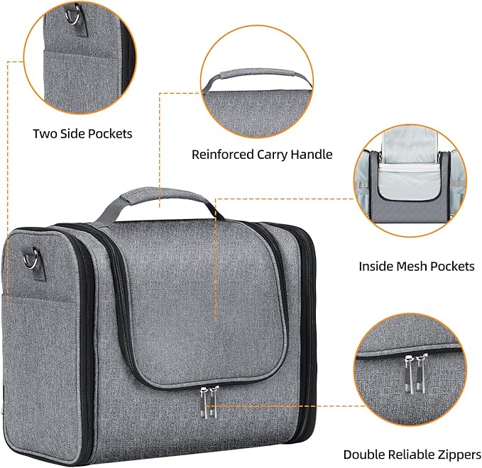 Buruis Extra Large Capacity Toiletry Bag for Women and Men, Hanging Toiletry Organizer Cosmetics Makeup Bag, Water-resistant Dopp Kit for Full Sized Toiletries, Travel Essentials (Oxford Gray)