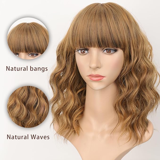 AISI HAIR Synthetic Curly Bob Wig with Bangs Natural Brown with Honey Blonde Highlight Ombre Short Wavy for Women Natural Looking Heat Resistant Bob Wigs