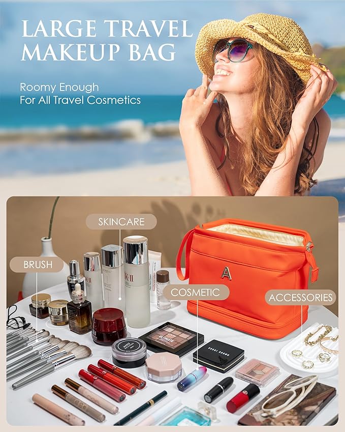 Girlfriend Gifts, Personalized Makeup Bag, Initial Double Layer Cosmetic Bag with Makeup Brush Organizer, PU Leather Travel Toiletry Bag Gifts for Women Her Friend Sister Mom Gifts