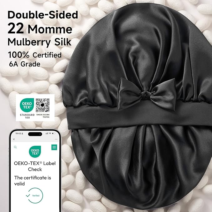 Umisleep Large Silk Bonnet for Sleeping Women, 100% Double Layer 22 Momme Mulberry Silk, Non Slip Hair Bonnet with Adjustable Band for Curly Long Hair, Black