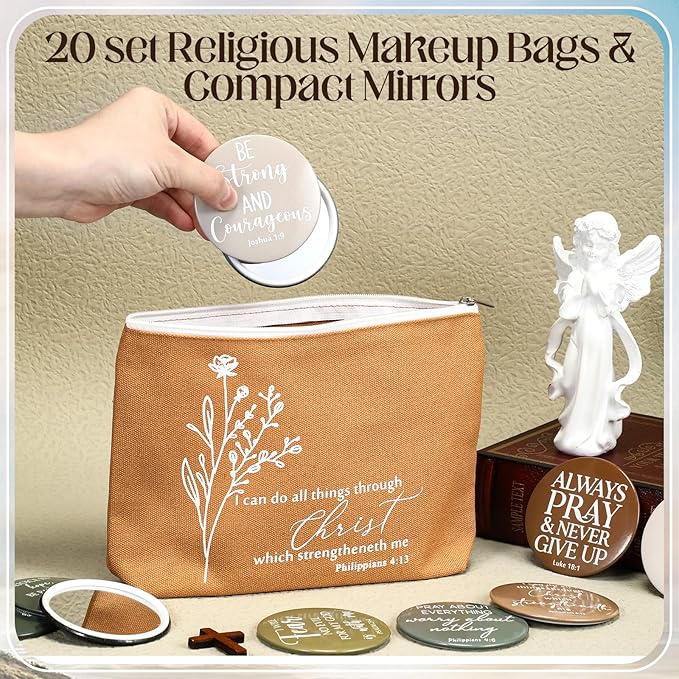 Reginary 20 Sets Christian Gifts for Women Include 20 Religious Canvas Makeup Bags with 20 Bible Verse Compact Mirrors Mother's Day Inspirational Birthday Gift for Mom(Neutral Colors,Aesthetic Style)