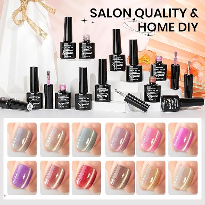 Cat Eye Gel Nail Polish Set,12 Colors Gold Glitter Holographic CatEye Gel Polish with Magnetic Stick,Sliver Brown Pink Red Cat Eye Soak Off UV DIY Home Salon Manicure