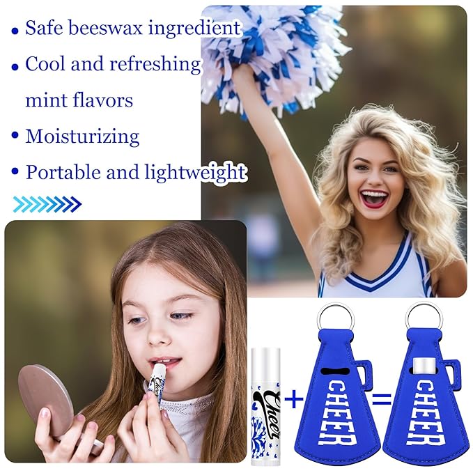 18 Sets Blue Red Cheer Favors Natural Bulk Lip Balm and Moisturizing Lipstick Holder Keychains Set Cheerleader Cheerleading Gift for Team Teen Sports Party Supplies(Blue)