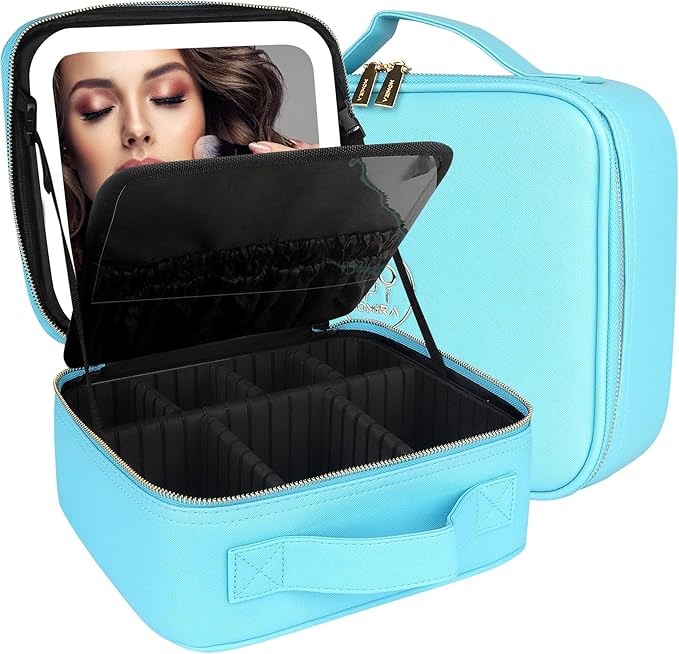 MOMIRA Travel Makeup Bag Cosmetic Bag Makeup Organizer Bag with Lighted Mirror, Adjustable Brightness in 3 Color Scenarios, Waterproof Makeup Train Case, Gift for Women - Diamond Blue