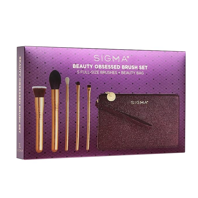 Sigma Beauty Obsessed Makeup Brush Set – Set of 5 Face & Eye Makeup Brushes for All Over Application, For Eyes, Blending, Setting & Foundation, Includes Clutch-Style Small Makeup Bag