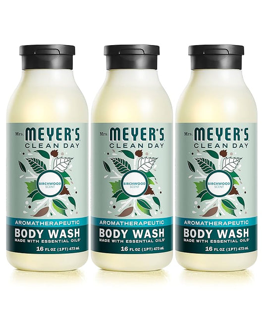 MRS. MEYER'S CLEAN DAY Moisturizing Body Wash for Women and Men, Biodegradable Shower Gel Formula Made with Essential Oils, Birchwood, 16 oz - Pack of 3
