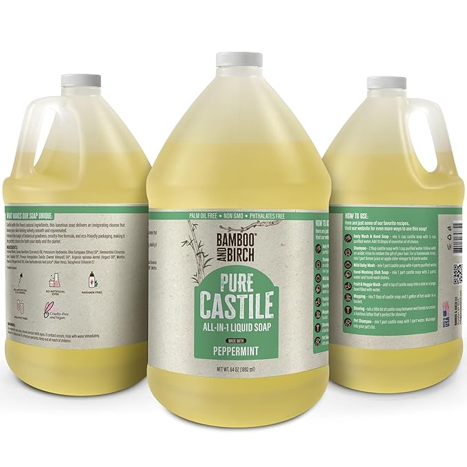 Pure Castile Soap Liquid Organic, Certified Palm Oil Free Natural Soap, Peppermint, 64 oz