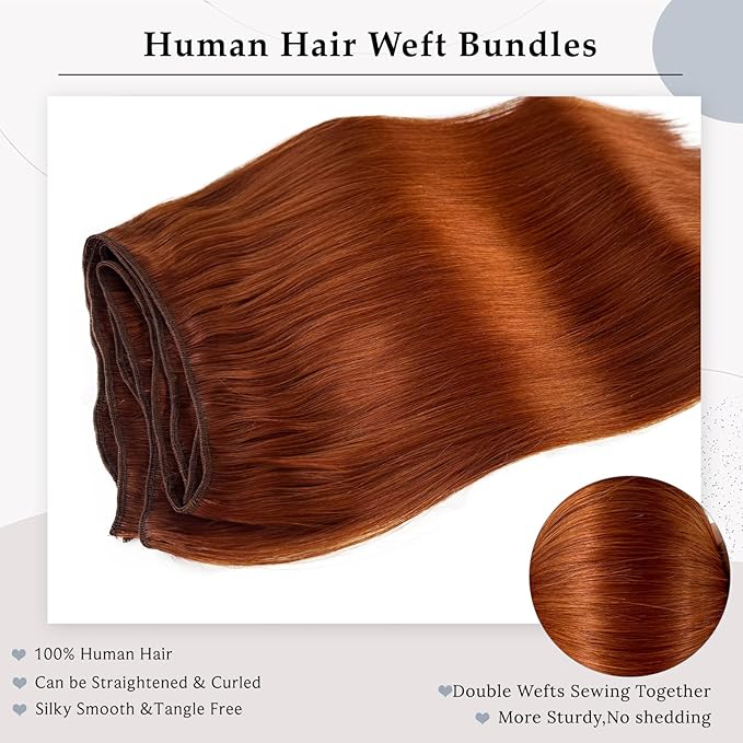 Sew in Hair Extensions Real Human Hair, Hand Tied Human Hair Weft Extensions 16 Inch Dark Auburn Brown Double Weft Full Head Straight Human Hair Weaves Bundles 100G Hair Wefts Weave Hair Extensions