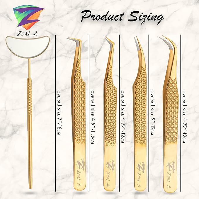 Nano Fiber Tip Professional Eyelash Extension Tweezers, a pack of 4, Quality tweezers made with Japanese Stainless Steel, includes Stylish Half Moon Mirror. (Gold)