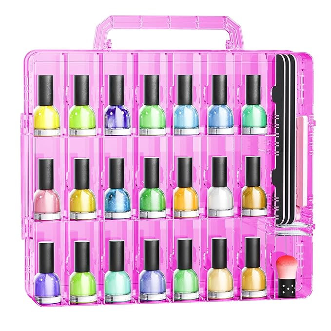 JIASHENG Nail Polish Organizer Case for 48 Bottles, Gel Nail Polish Storage Holder Double Side Adjustable Space Divider for Acrylic Nail Gel Dip Powder Tips Set with Two Toe Separator, Pink