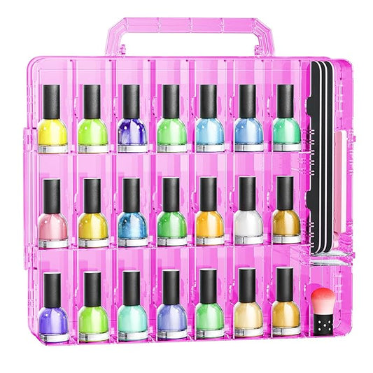 JIASHENG Nail Polish Organizer Case for 48 Bottles, Gel Nail Polish Storage Holder Double Side Adjustable Space Divider for Acrylic Nail Gel Dip Powder Tips Set with Two Toe Separator, Pink