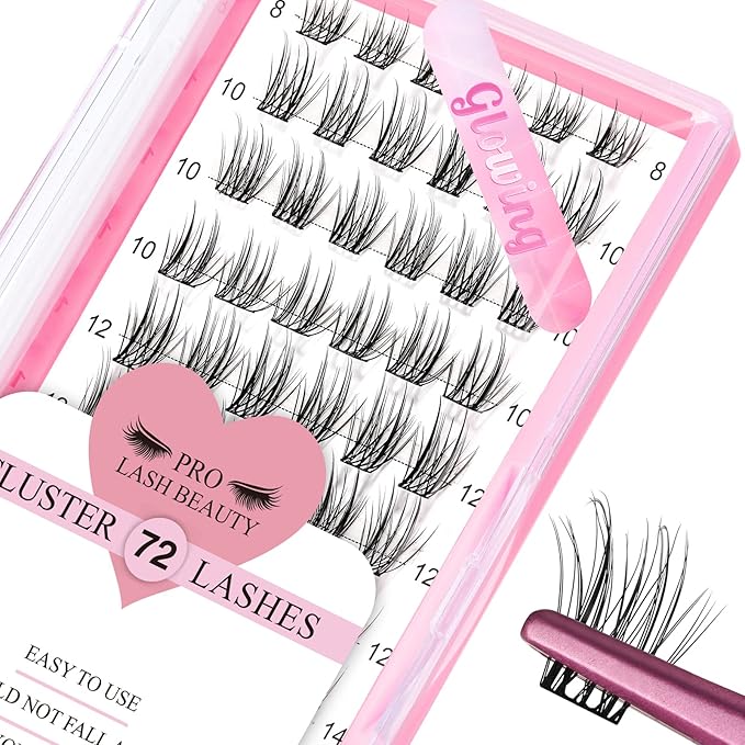 Lash Clusters, 72 Pcs Individual Cluster Lashes DIY Lash Extension 10-16mm Eyelash Clusters Volume Wispy Lashes Super Thin Band Reusable Soft & Comfortable(Glowing,D-10mm)