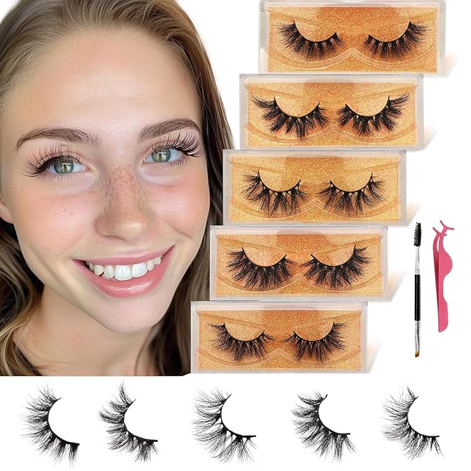 GOO GOO Mink Eyelashes, Natural Eyelashes 16mm to 19mm 5 Styles Multipack 3D Mink Lashes Fake Eyelashes Natural Look Reusable Handmade Siberian Mink Fur False EyeLashes for Women