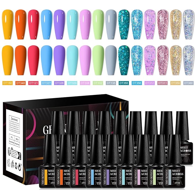 MEET ACROSS Red Blue Gel Nail Polish Set 18Pcs Glitter Gel Polish Kit 15 Colors Pink Orange Purple Collection Set Professionail Gel Manicure Kit Gift for Women