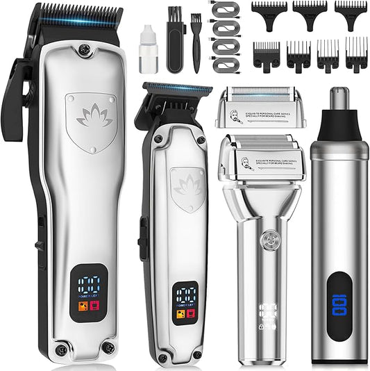 Karrte Professional Hair Clippers and Trimmer Set for Men, T-Shaper Trimmer & Foil Shaver, Nose & Ear Hair Trimmer, Cordless Clippers and Grooming Set, Hair Cutting Kit with LED Display Silver