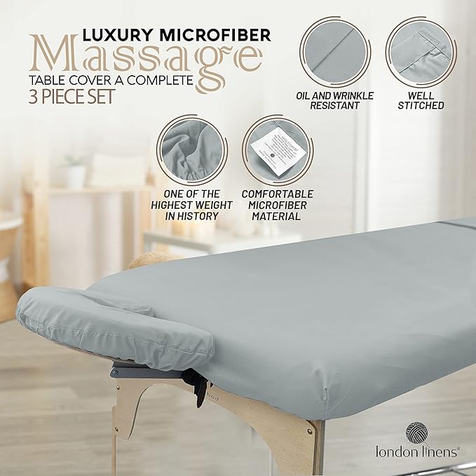 LONDON LINENS Soft Microfiber Massage Table Sheets Set 3 Piece Set - Includes Massage Table Cover, Massage Fitted Sheet, and Massage Face Rest Cover (Stone)