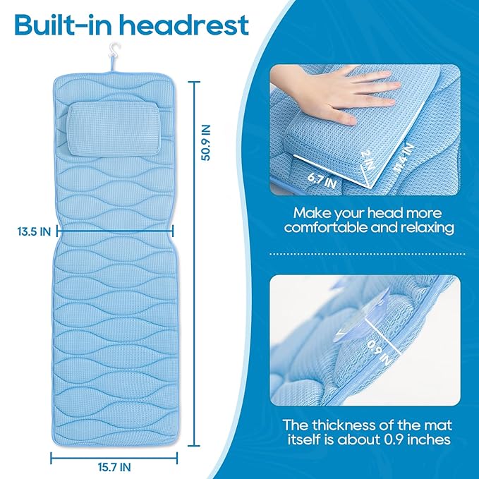 OMYSTYLE Full Body Bath Pillow, Bath Pillows for tub with Mesh Washing Bag & 21 Non-Slip Suction Cups, Spa Bathtub for Head Neck Shoulder and Back Support - 5D Air Mesh & Quick Drying | Blue