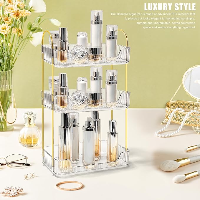 Bathroom Counter Organizer Countertop Storage Skincare Countertop Makeup Organizer Cosmetics Skincare Organizers Holder for Perfume-Clear-Golden Pole-3 Tier