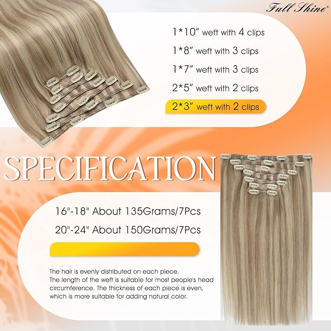 Full Shine Clip in Hair Extensions Golden Blonde Highlight Light Blonde 150 G Human Hair Clip in Extensions for Thick Hair 24 Inch Double Weft Straight Invisible Hair Extensions 7 Pcs