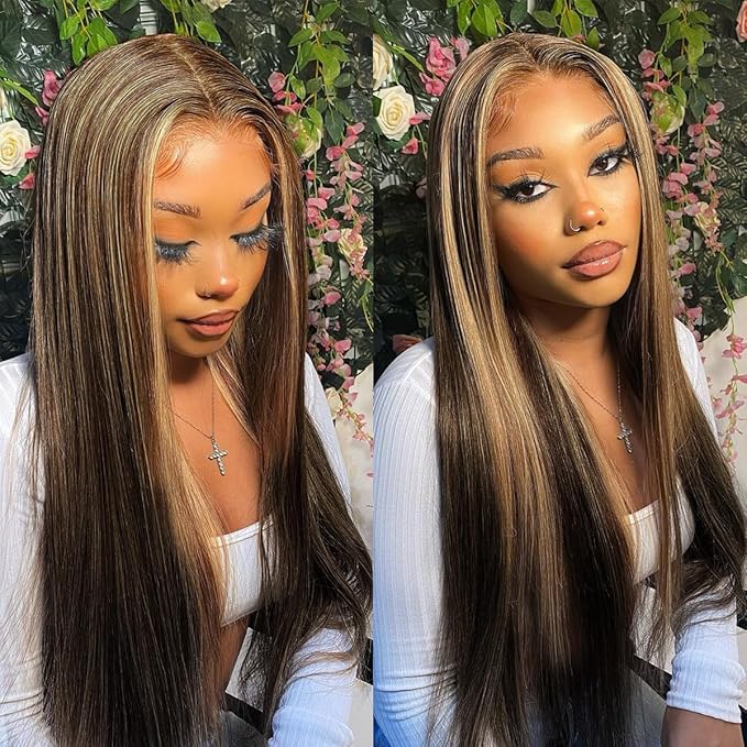4/27 Highlight Ombre Lace Front Wig Pre Plucked 180 Density Honey Blonde Long Straight Lace Front Wigs Synthetic Glueless Straight Highlight Lace Front Wig 32inch