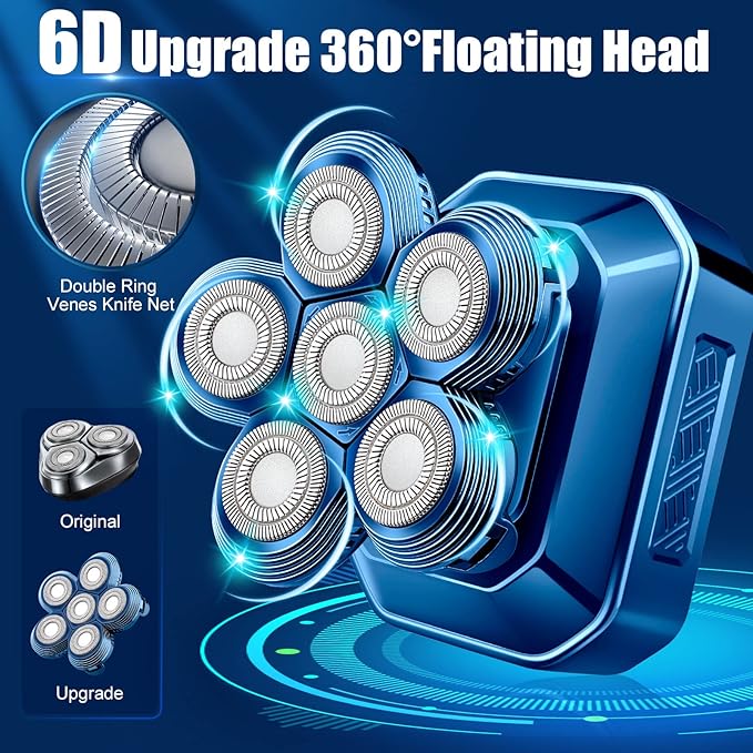 Head Shavers for Bald Men, IPX7 Waterproof Detachable Head Shaver,6D Electric Razor for Men, 6 in 1 Wet/Dry Rechargeable LED Shaving Kit with Type-C Charge