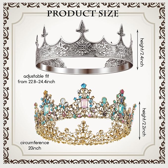 Sureio 2 Pcs Antique Royal King Crown for Men Baroque Queen Crown for 2025 Graduation Prom Party Crystal Tiara Prom Cosplay Birthday Wedding Hair Headband Accessories(Noble Style)