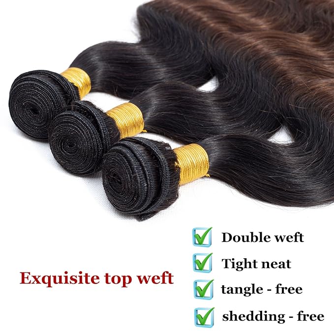 Ombre Body Wave Bundles Brazilian Virgin Human Hair Bundles Ombre Human Hair Extensions 3 Tone Mixed 1B/4/30 Color (14 16 18) Ombre Bundles Body Wave 3 Bundles