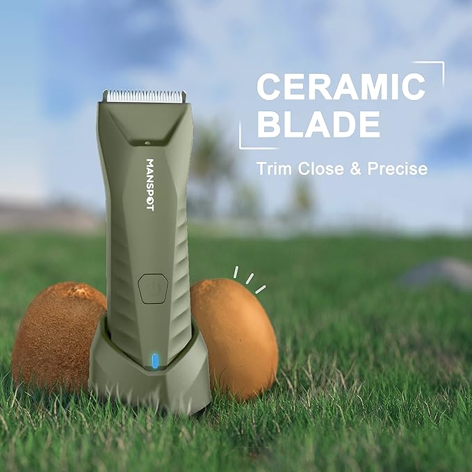 MANSPOT Manscape Trimmer for Men Ball/Pubic/Groin, Electric Body Hair Trimmer, Replaceable Ceramic Blade Heads,Waterproof for Wet/Dry Use,Standing Recharge Dock,90 Minutes Shaving After Charged(Green)