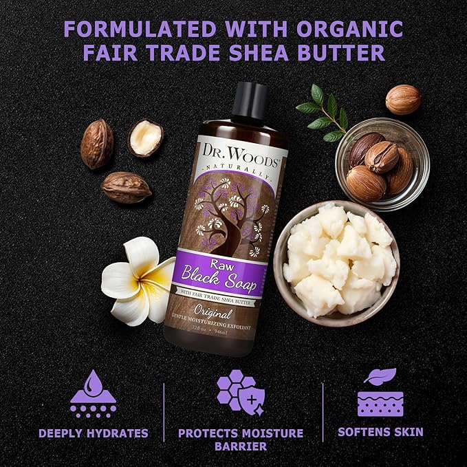 Dr. Woods Raw African Liquid Black Soap - Body Wash for Men and Women, Contains Organic Shea Butter, Gentle Exfoliant, Natural Cleanser for Face, Hands, and Body - 32 Fl Oz, Pack of 2