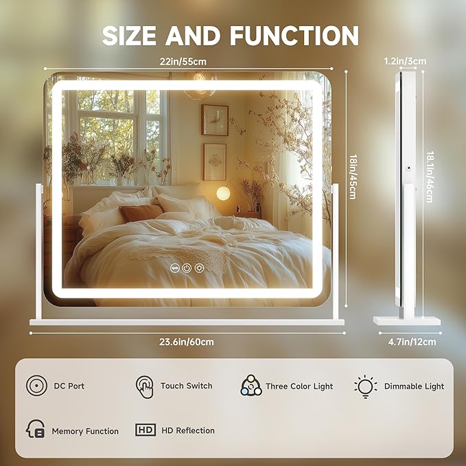 Hasipu Vanity Mirror with Lights, 22" x 18" LED Makeup Mirror, Light up Mirror with Smart Touch 3 Colors Dimmable, Brightness Adjustment, 360° Rotation (White)