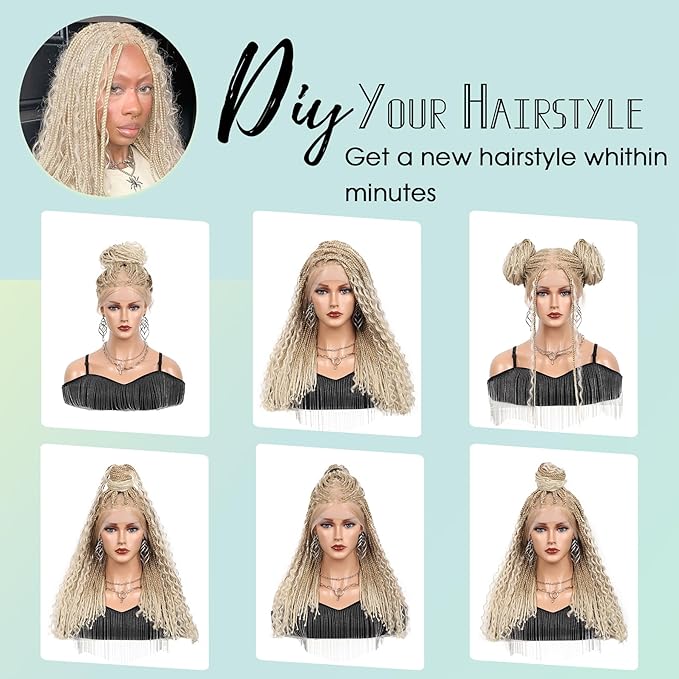 18 Inch HD Full Lace Braided Wigs for Women with Baby Hair Knotless Braid Wig Medium Human Hair blended Boho Box Braided Wigs With Cruls Ends Platinum Blonde