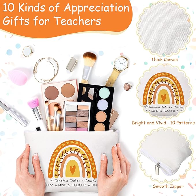 Fumete 40 Pcs Teacher Appreciation Gift Inspirational Rainbow Makeup Bag Rainbow Silicone Keychains Bulk Quotes Zipper Canvas Cosmetic Bag End of the Year Gifts for Teacher Graduation