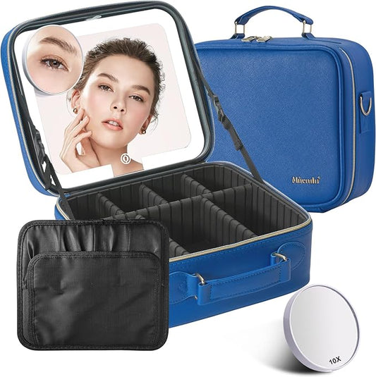 Mocado Travel Makeup Bag with LED Lighted Mirror,Travel Makeup Organizer,Makeup Case with 3 Color Lighted Setting and 10x Magnifying Mirror,Portable Storage and Adjustable Dividers Makeup Box(Blue)
