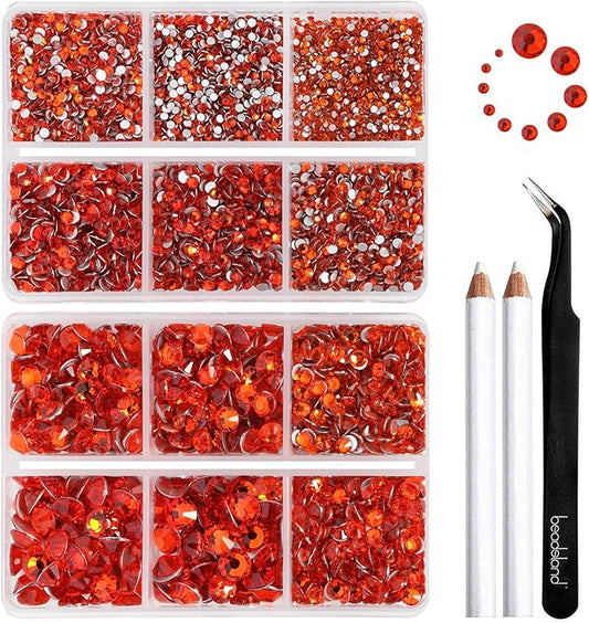 Beadsland 8300PCS Flatback Rhinestones, Orange Rhinestone Nail Gems Round Crystal Rhinestones for Crafts, Mixed 10 Sizes with Wax Pencil and Tweezer Kit, SS3-SS30, Hyacinth