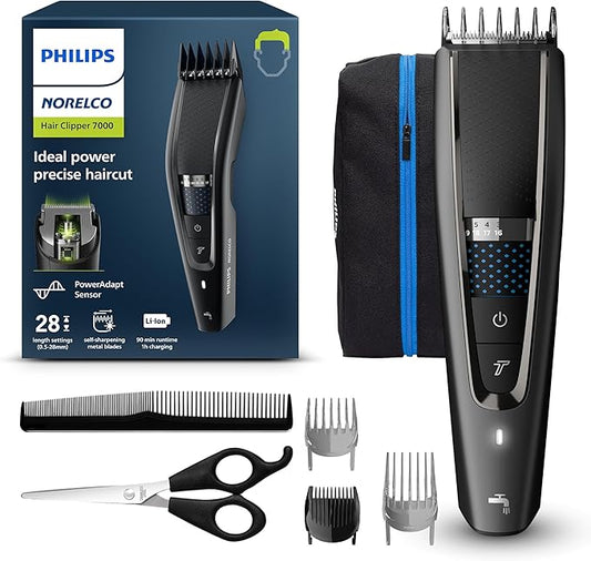 Norelco Philips Hair Clipper 7000 Series, Hair and Beard Trimmer, Precision Dial, PowerAdapt Sensor, Trim-and-Flow, DualCut, DuraPower, 28 Length Settings, 90 Min. Runtime, HC7650/40