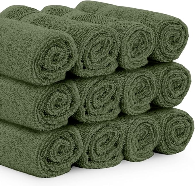 White Classic Luxury Washcloths for Bathroom-Hotel-Spa-Kitchen-Set - Circlet Egyptian Cotton - Highly Absorbent Hotel Quality Face Towels - Bulk Set of 12-13x13 Inch (Forest Green)