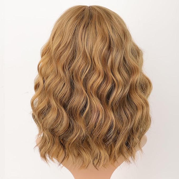 AISI HAIR Synthetic Curly Bob Wig with Bangs Natural Brown with Honey Blonde Highlight Ombre Short Wavy for Women Natural Looking Heat Resistant Bob Wigs