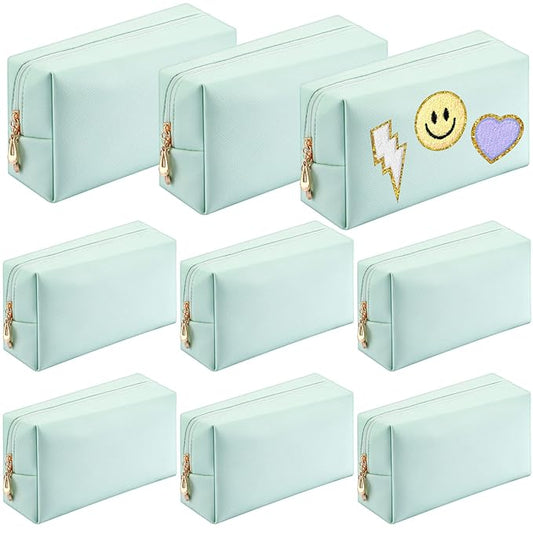 Sanwuta 9 Pcs Preppy Makeup Bag PU Leather Cosmetic Bag Makeup Pouch Plain Waterproof Toiletry Organizers for Traveling Preppy Travel Purse End of the Year Teacher Gifts Bulk(Mint Green)