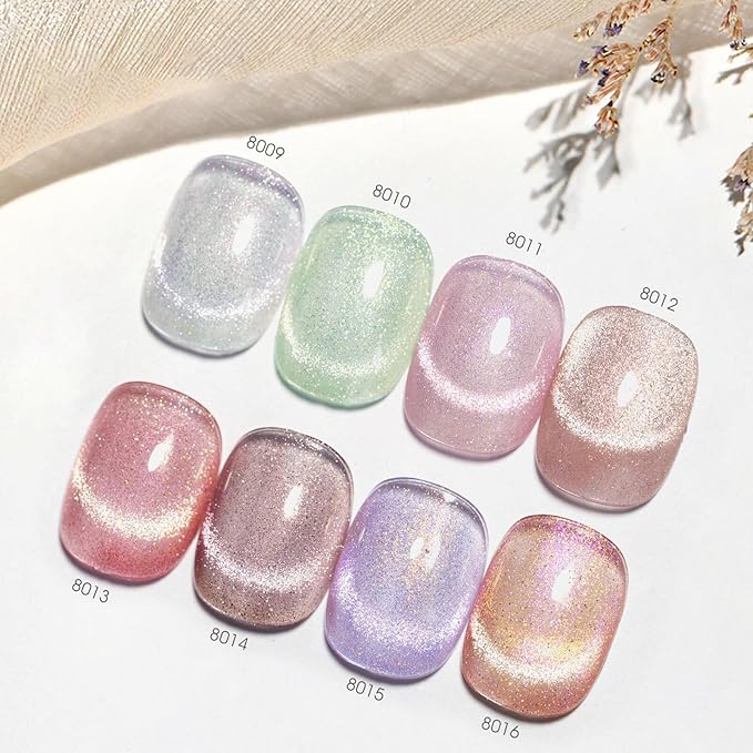 CANNI 8 Pcs 9 ML Cat Eye Gel Nail Polish Set, Pink Green Purple Silver Glitter Rainbow Holographic Cat Eye Gel Polish Kit with Magnet Shimmer Colors Nail Art Manicure Salon DIY Gifts