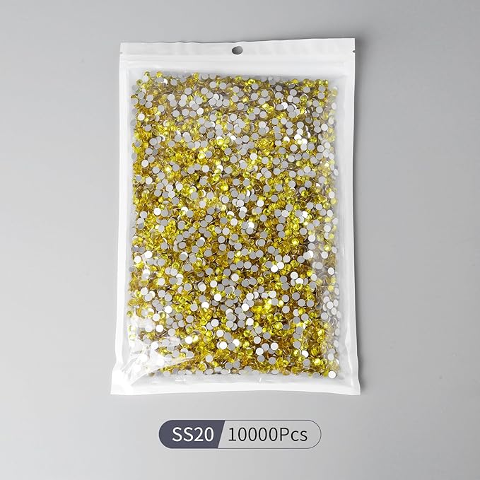 10000PCS Lemon Yellow Rhinestones Bulk, Flat Back Crystal Glass Stone Round Gems,SS20, 4.6-4.8mm